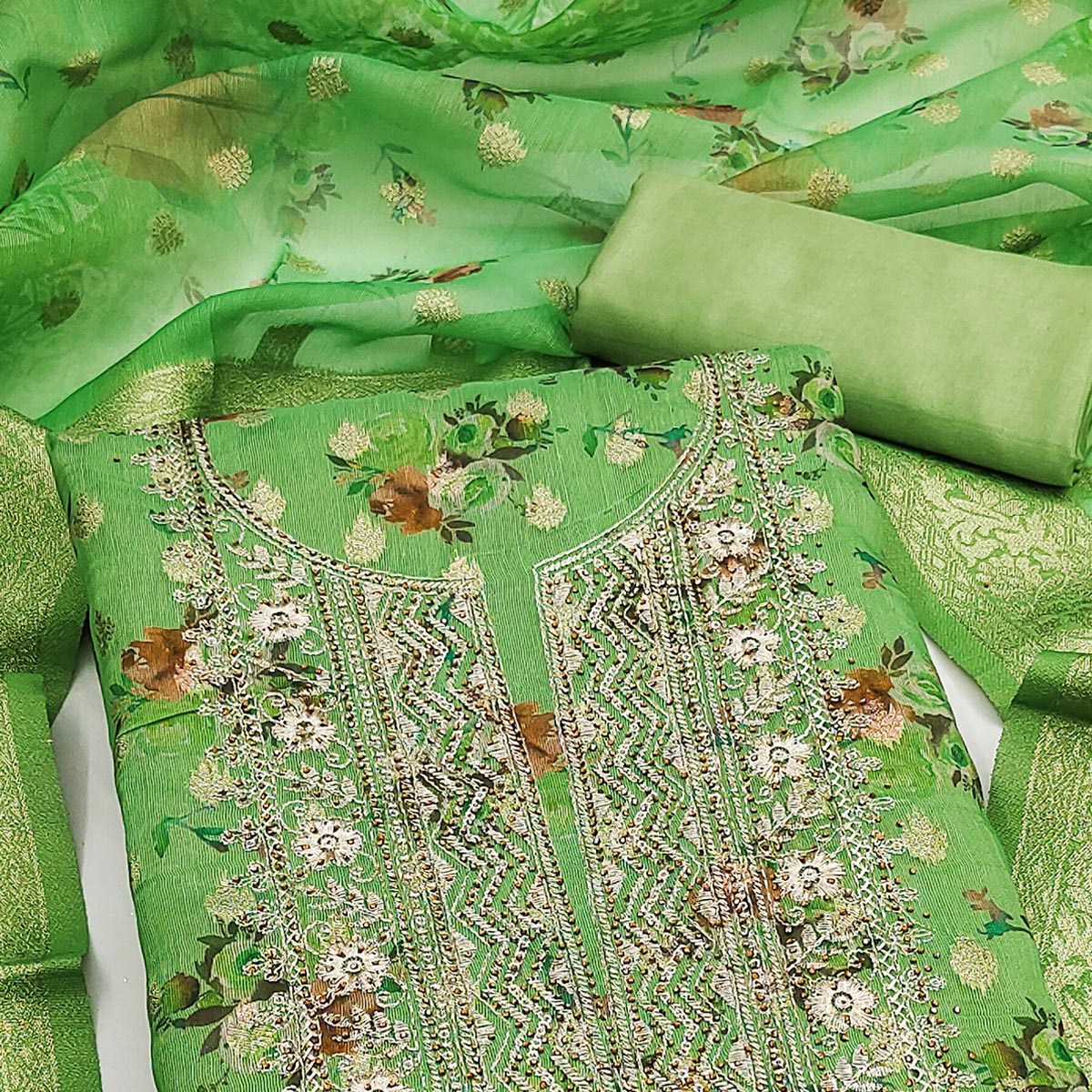 green-floral-print-with-zari-woven-cotton-silk-dress-material