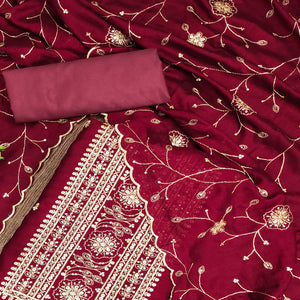Maroon Sequins Embroidered Chinon Dress Material