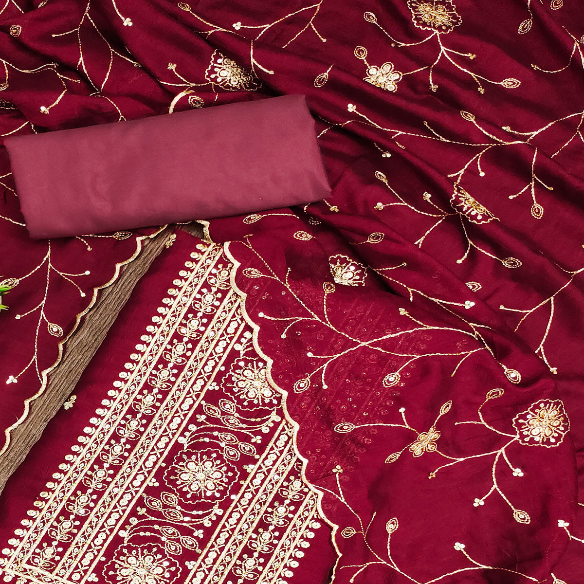Maroon Sequins Embroidered Chinon Dress Material