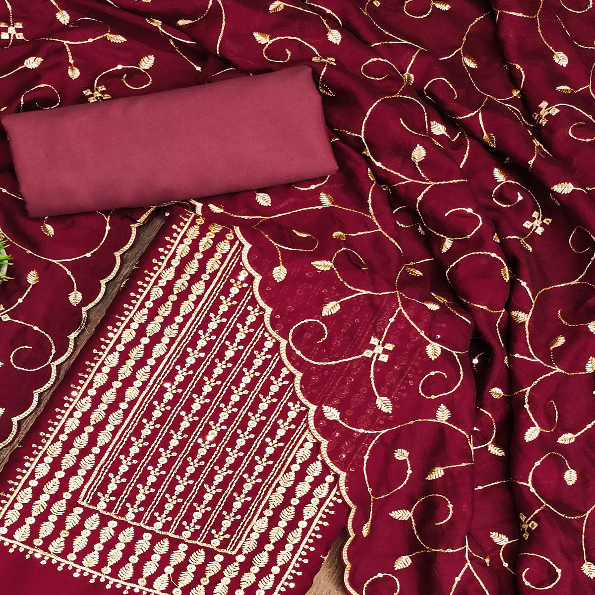 Maroon Sequins Embroidered Chinon Dress Material