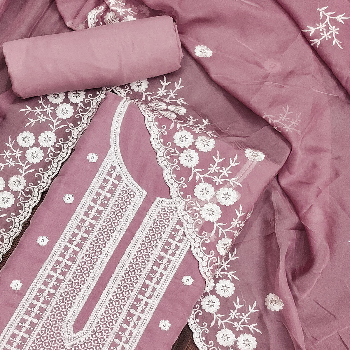 Mauve  Floral Embroidered Chanderi Dress Material