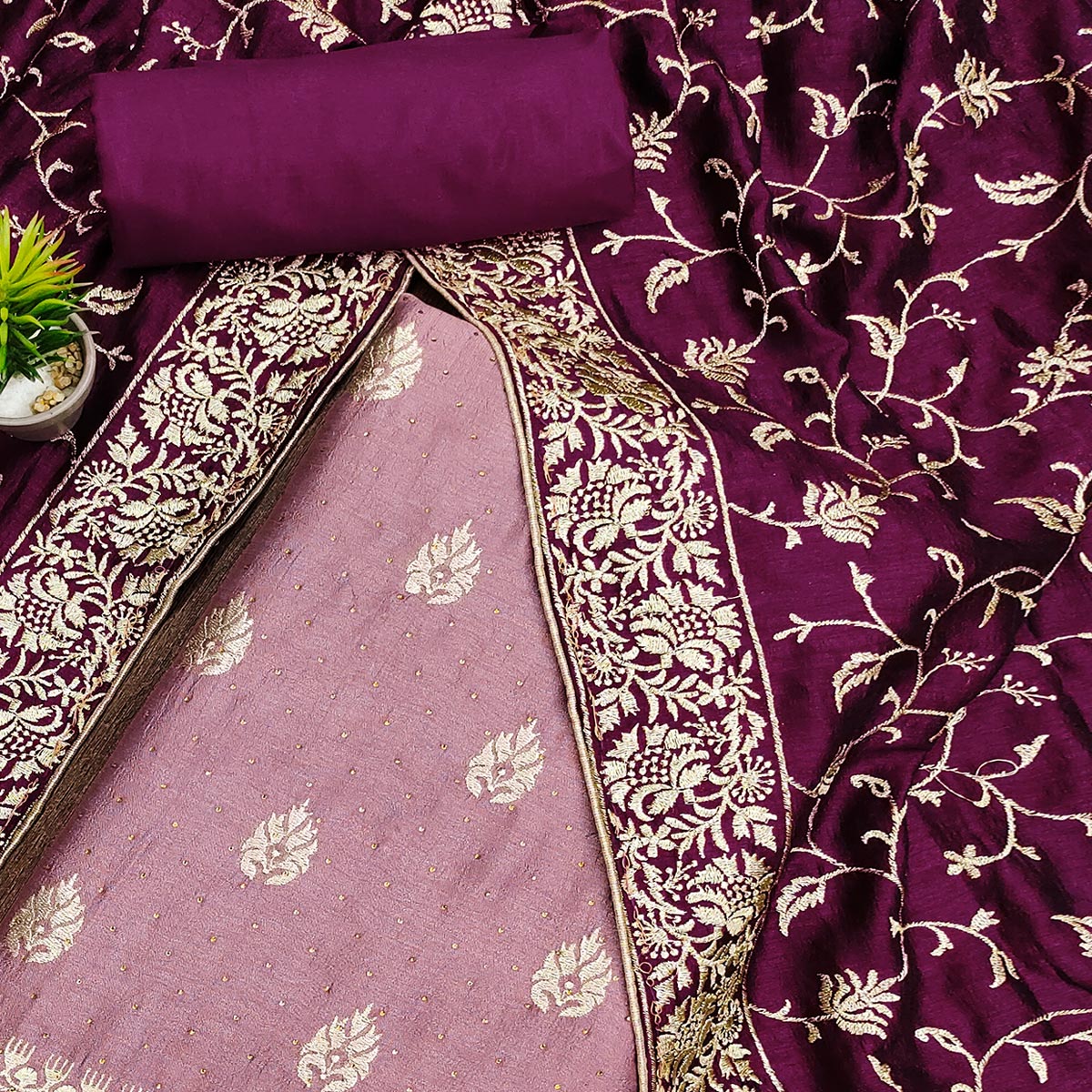 Mauve  Floral Embroidered Chinon Dress Material