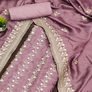 Mauve Floral Embroidered Chinon Dress Material