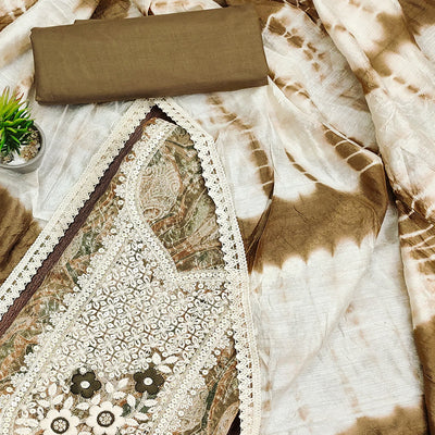 Brown Floral Embroidered Pure Cotton Dress Material