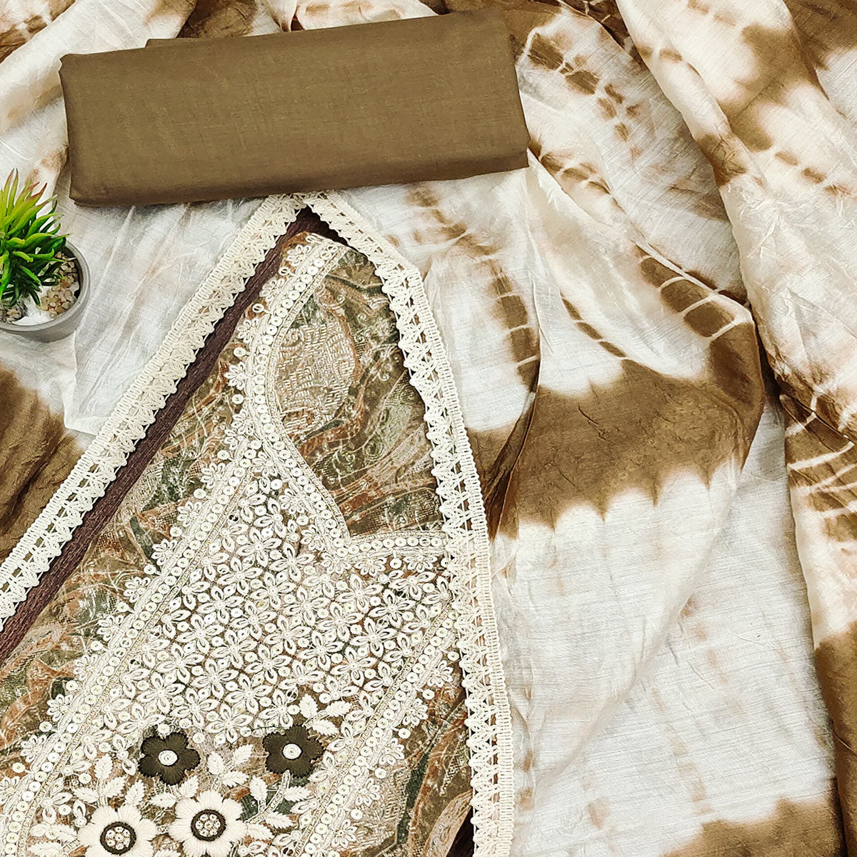 Brown Floral Embroidered Pure Cotton Dress Material