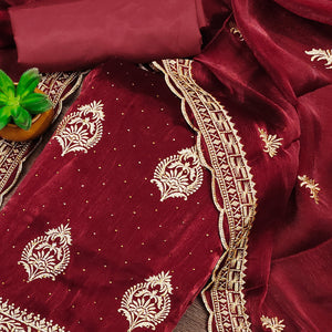 Maroon Floral Embroidery With Stonework Mulberry Silk Dress Material