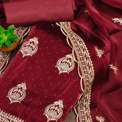 Maroon Floral Embroidery With Stonework Mulberry Silk Dress Material