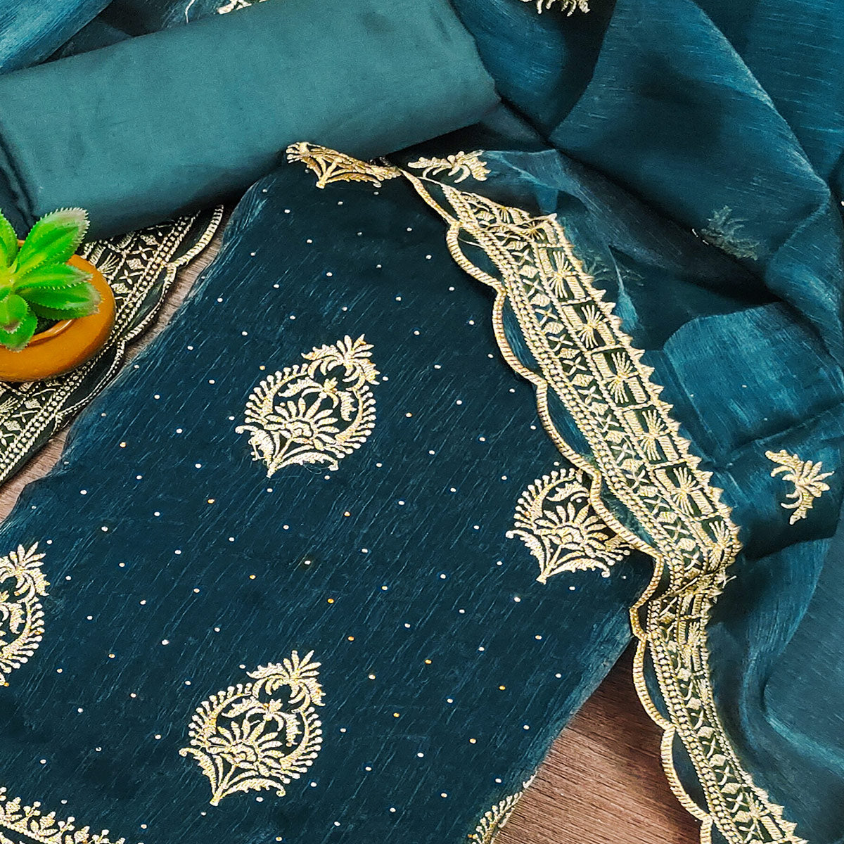 Morpich Floral Embroidery With Stonework Mulberry Silk Dress Material