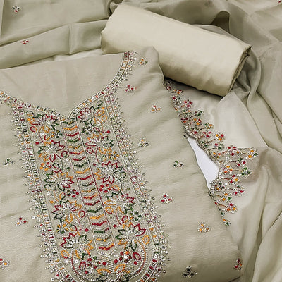 Grey Sequins Embroidered Georgette Dress Material