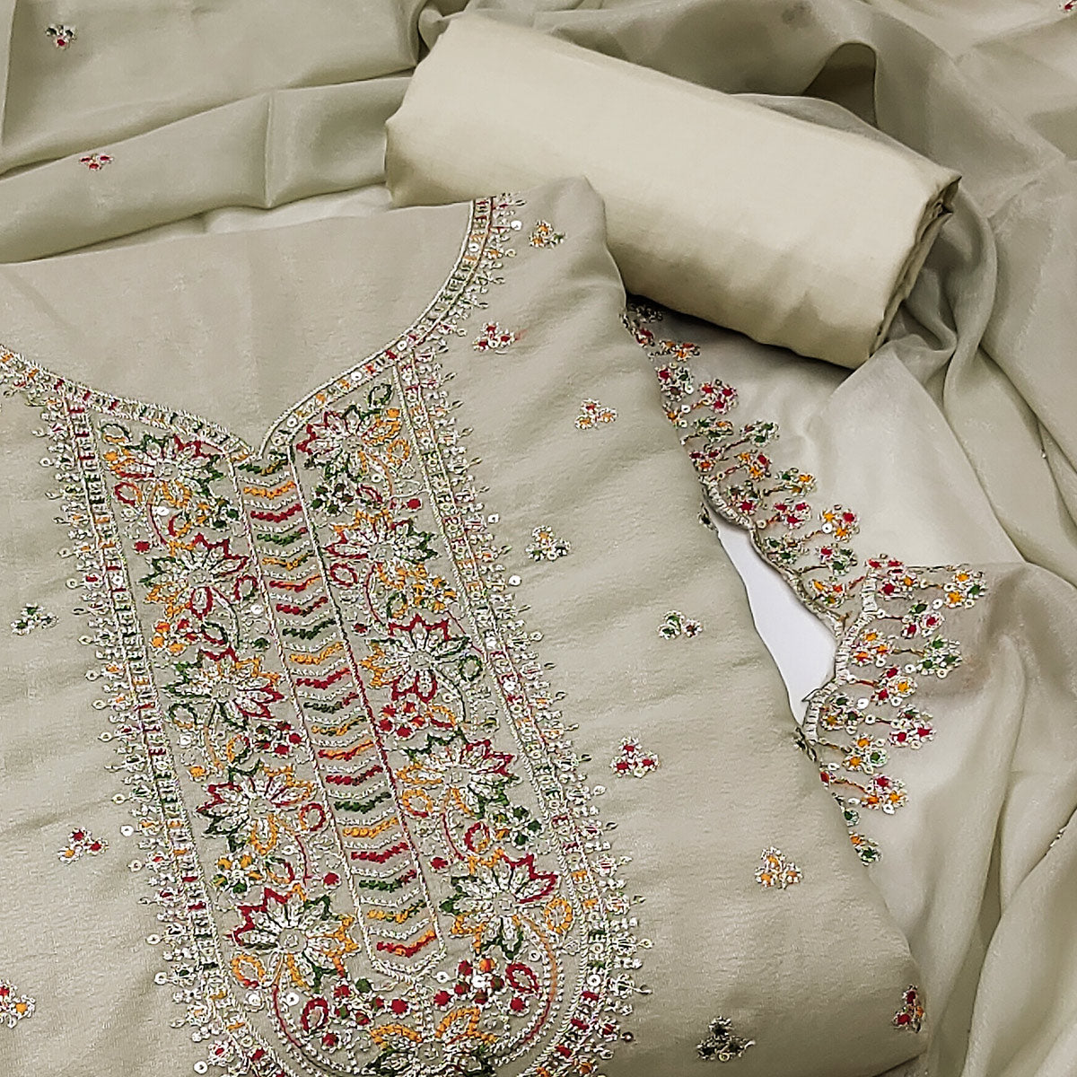 Grey Sequins Embroidered Georgette Dress Material