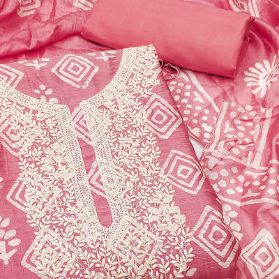 Gajari Pink Batik Printed With Embroidered Pure Cotton Dress Material