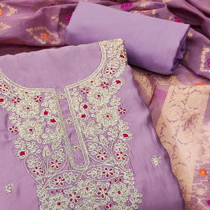 Light Purple Floral Sequins Embroidered Roman Cotton Silk Dress Material