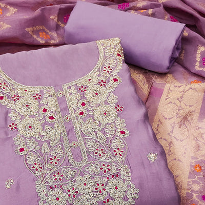 Light Purple Floral Sequins Embroidered Roman Cotton Silk Dress Material