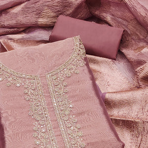 Mauve Woven With Embroidered Banarasi Silk Shimmer Crush Dress Material