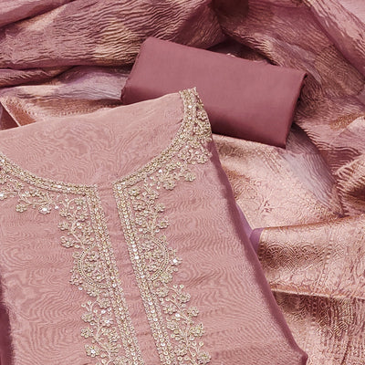 Mauve Woven With Embroidered Banarasi Silk Shimmer Crush Dress Material