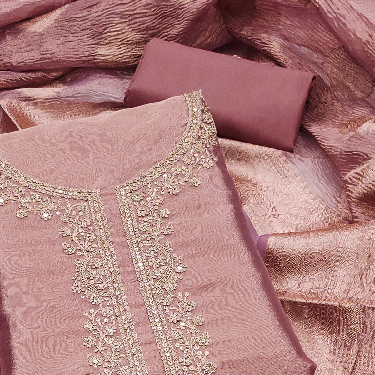 Mauve Woven With Embroidered Banarasi Silk Shimmer Crush Dress Material