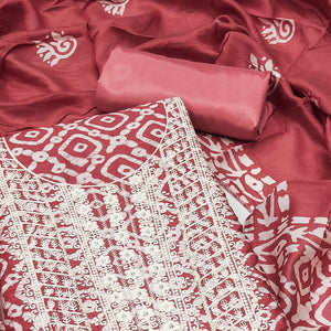 Brick Red Batik Printed With Embroidered Cotton Silk Dress Material