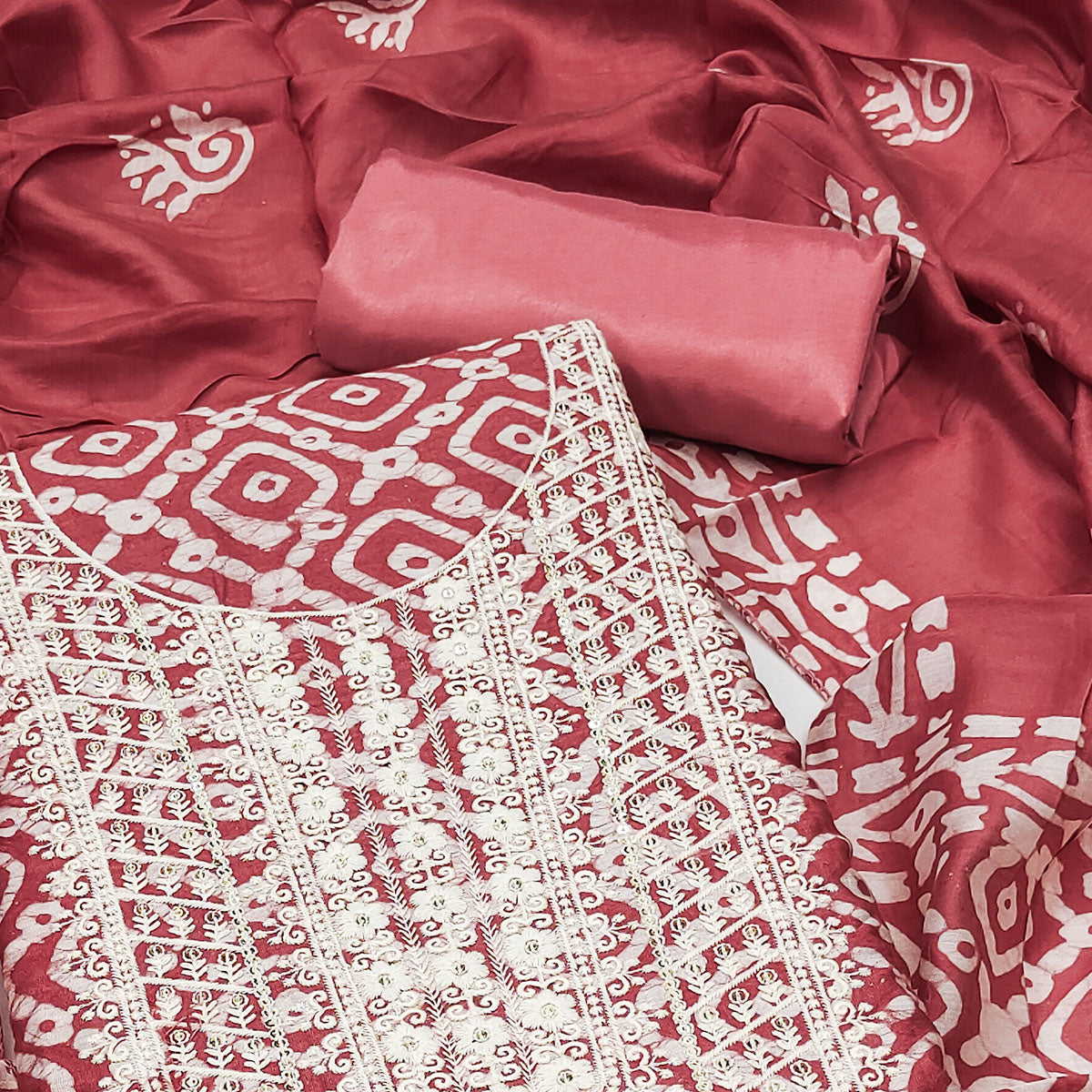 Brick Red Batik Printed With Embroidered Cotton Silk Dress Material