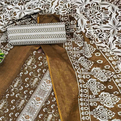 Brown Foil Printed Pure Cotton Dress Material