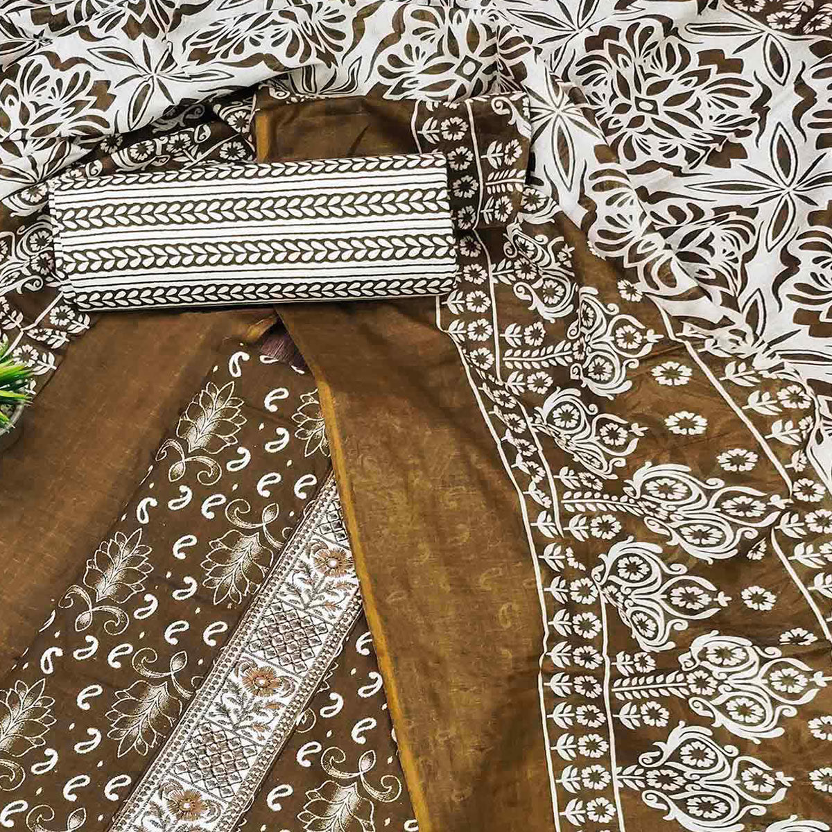 Brown Foil Printed Pure Cotton Dress Material