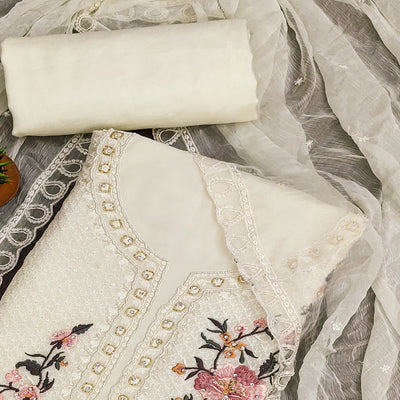 Cream Floral Sequins Embroidered Georgette Dress Material
