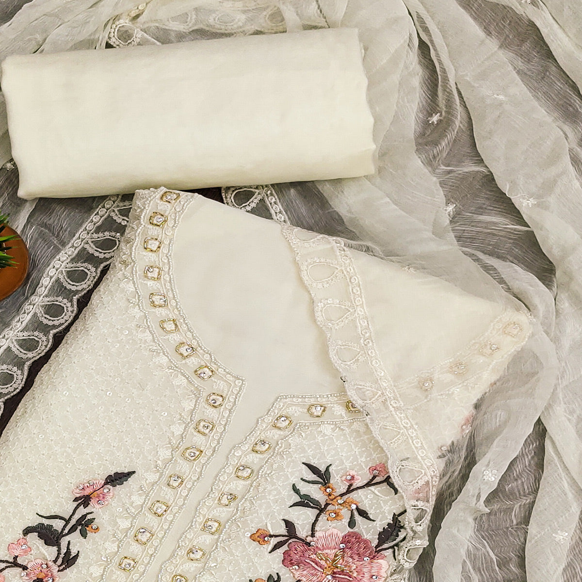 Cream Floral Sequins Embroidered Georgette Dress Material
