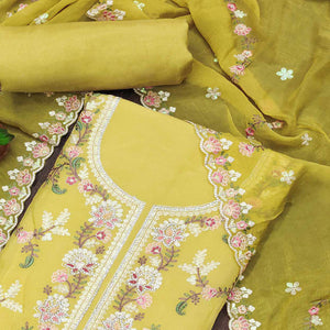 Lemon Yellow Floral Sequins Embroidered Georgette Dress Material