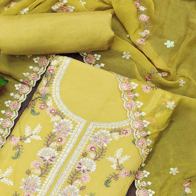 Lemon Yellow Floral Sequins Embroidered Georgette Dress Material