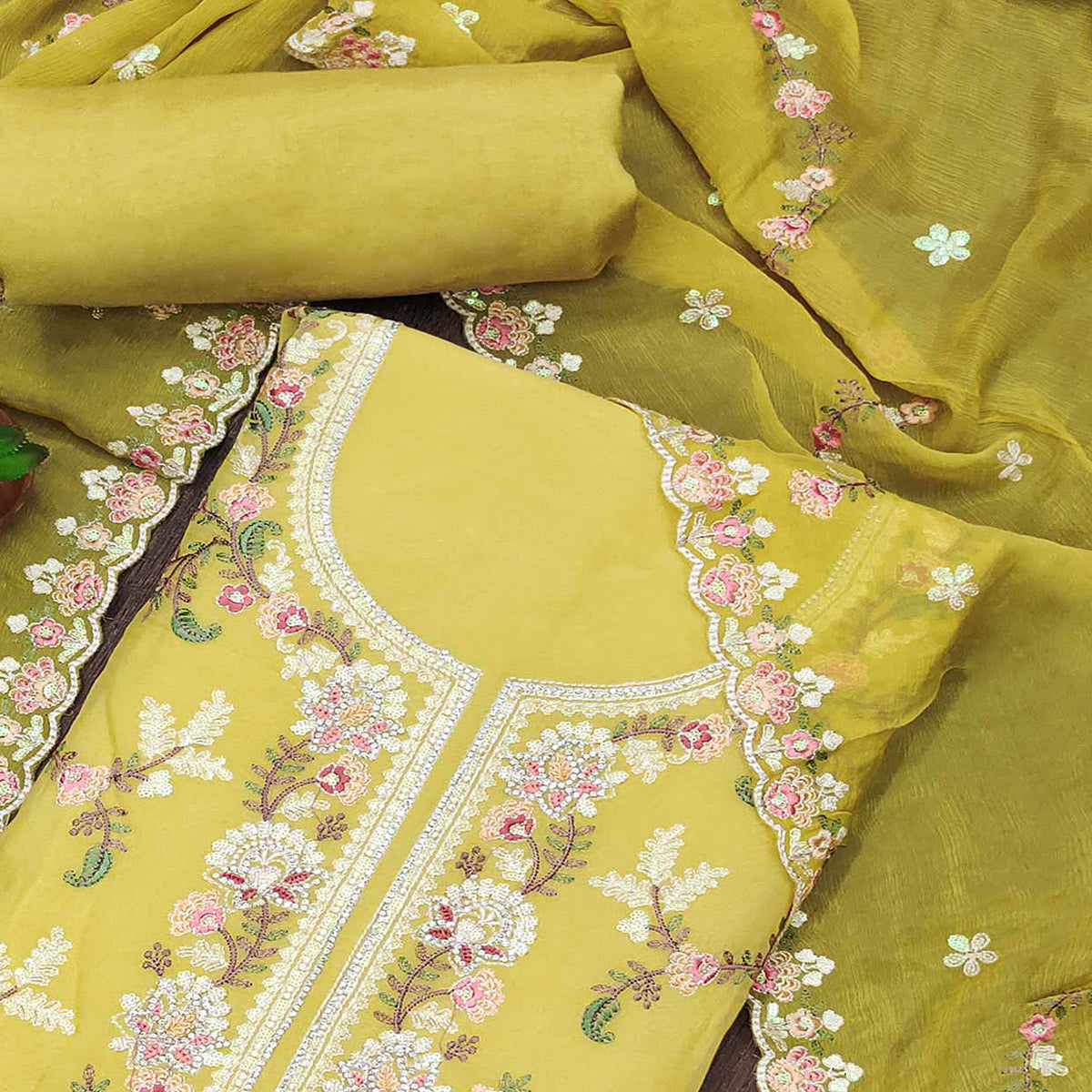 Lemon Yellow Floral Sequins Embroidered Georgette Dress Material