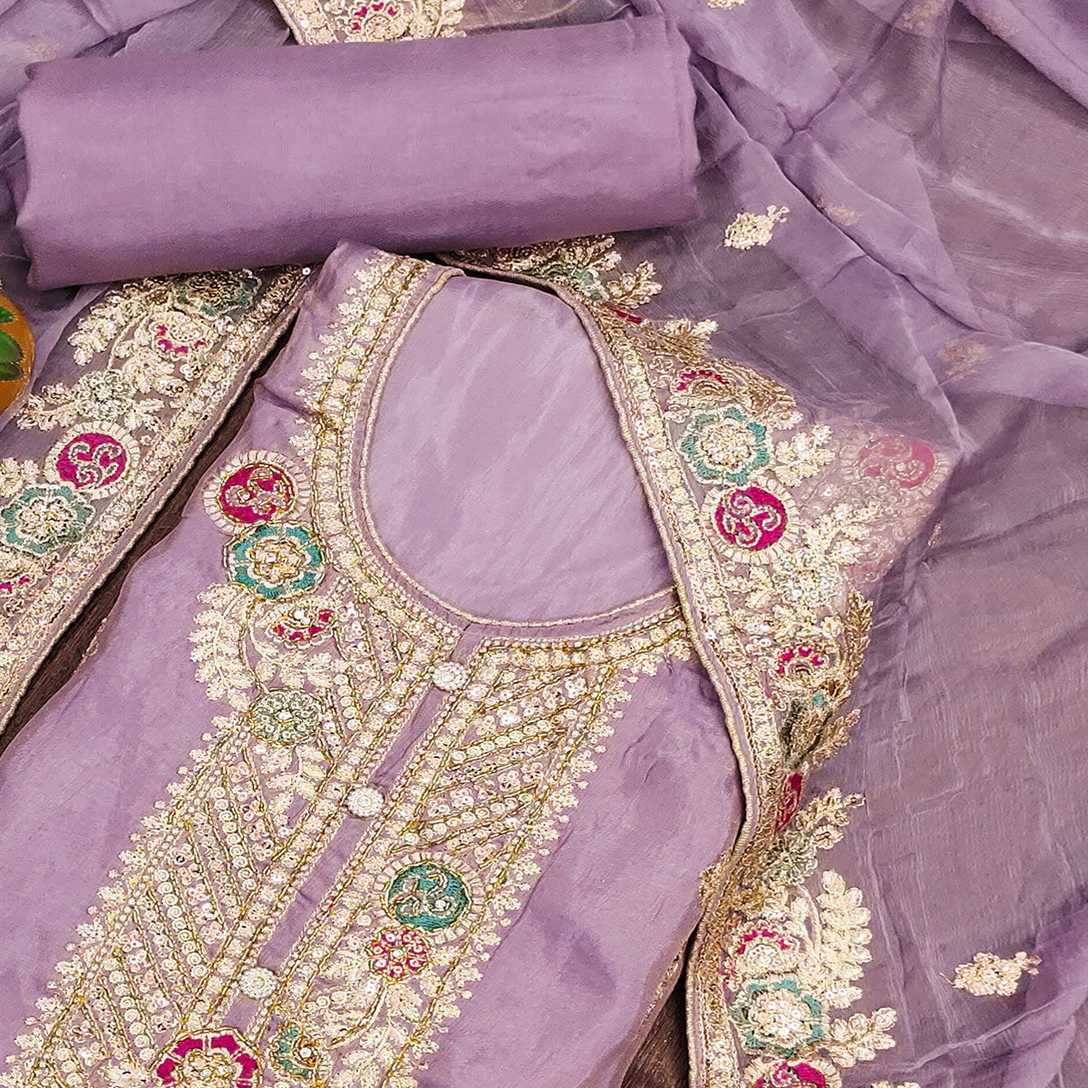Lavender Floral Sequins Embroidered Organza Dress Material