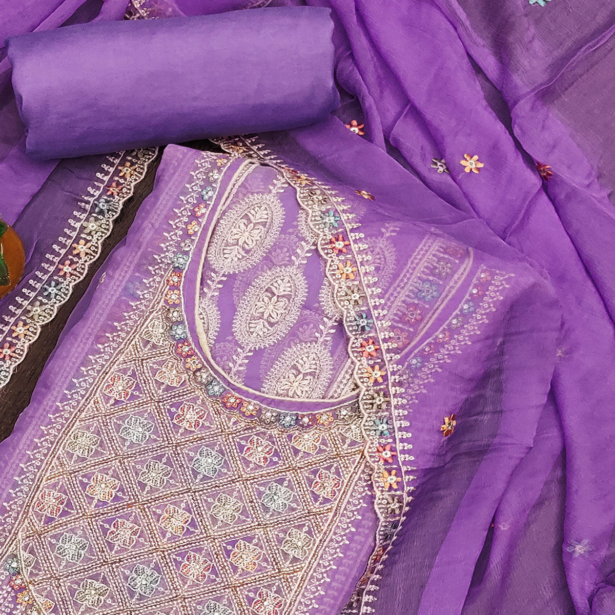 Lavender Floral Embroidered Organza Dress Material