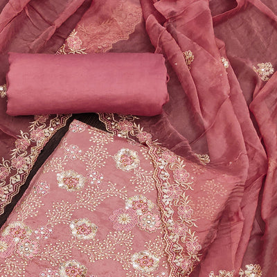 Dusty Pink Floral Embroidered Organza Dress Material