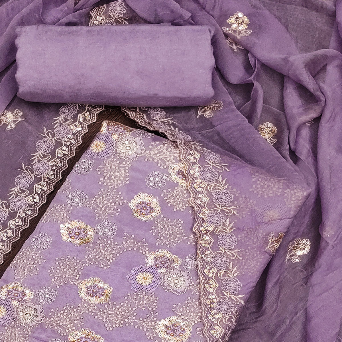 Lavender Floral Embroidered Organza Dress Material