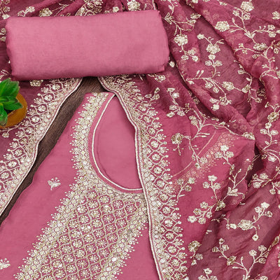 Dusty Pink Embroidered Organza Dress Material