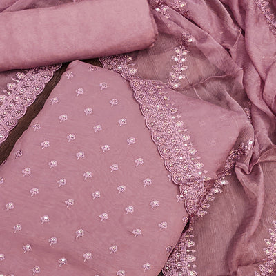 Mauve Floral Sequins Embroidered Cotton Silk Dress Material