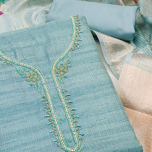 Blue Woven With Handwork Tissue Dress Material