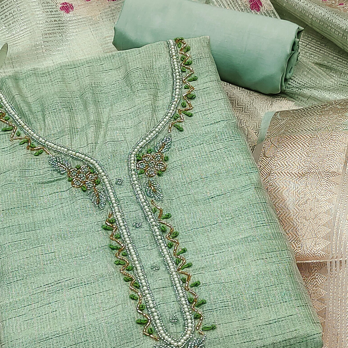 green-woven-with-handwork-tissue-dress-material