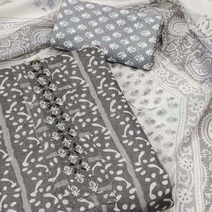 Grey Printed With Yoke Embroidered Pure Cotton Dress Material