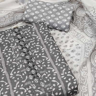 Grey Printed With Yoke Embroidered Pure Cotton Dress Material