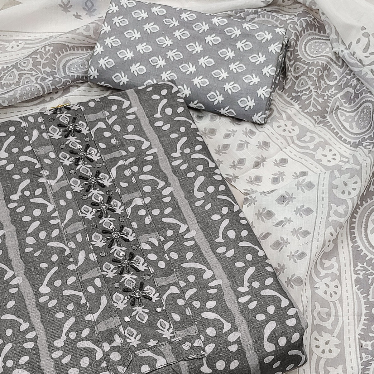 Grey Printed With Yoke Embroidered Pure Cotton Dress Material