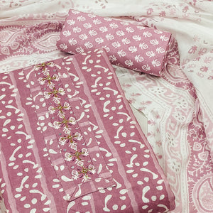 Mauve Printed With Yoke Embroidered Pure Cotton Dress Material
