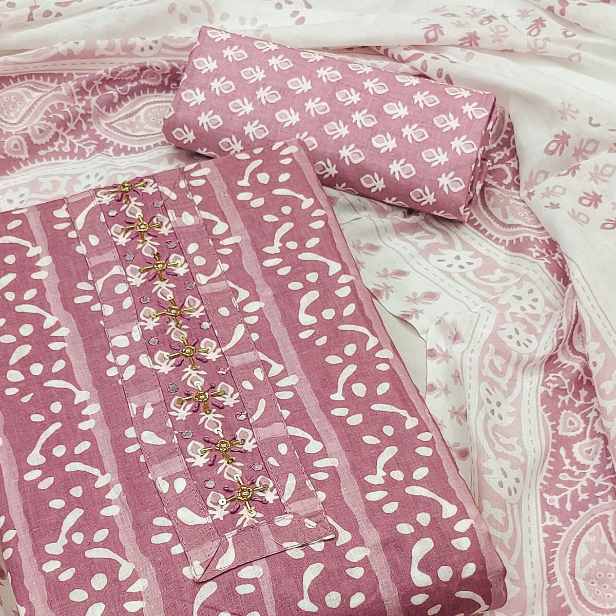 Mauve Printed With Yoke Embroidered Pure Cotton Dress Material