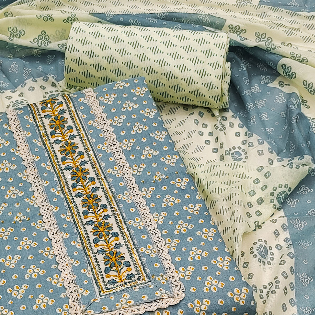 Grey Printed With Embroidery Pure Cotton Dress Material