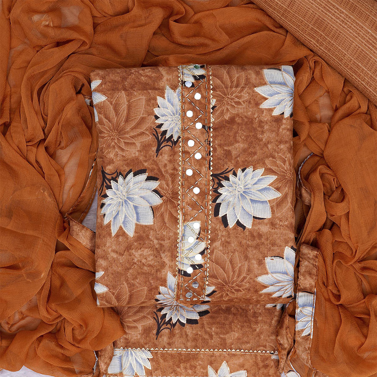 Brown Floral Foil Printed Cotton Blend Dress Material