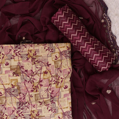 Chikoo & Wine Foil Printed Cotton Blend Dress Material