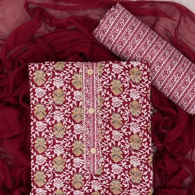 Maroon Foil Printed Cotton Blend Dress Material