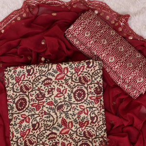 Maroon Foil Printed Cotton Blend Dress Material