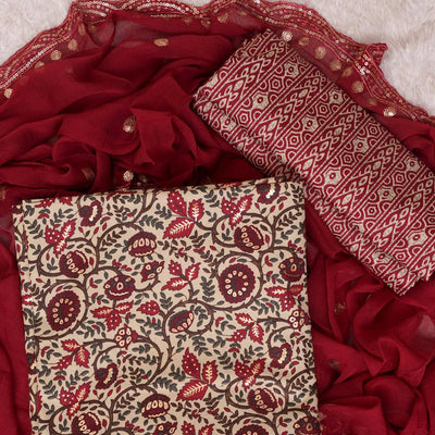 Maroon Foil Printed Cotton Blend Dress Material