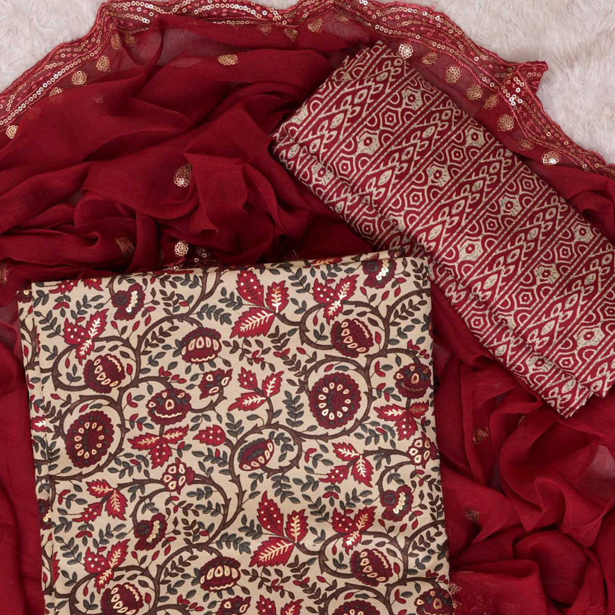 Maroon Foil Printed Cotton Blend Dress Material