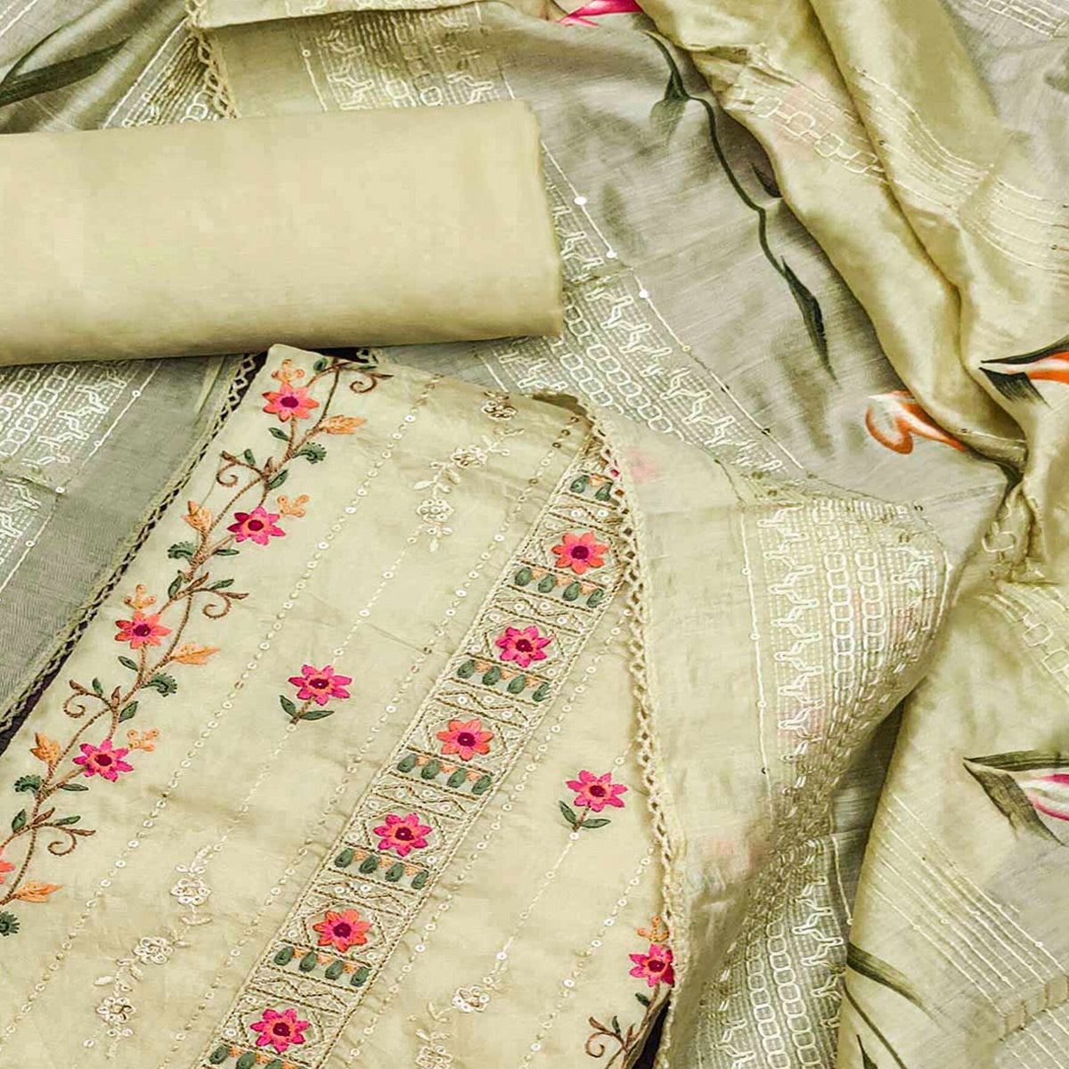 Cream Floral Sequins Embroidered Chanderi Dress Material